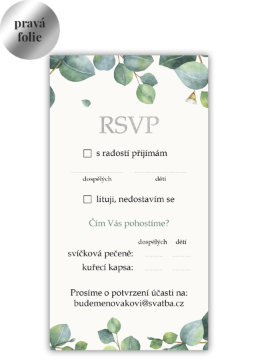 Odpovědní kartičkou (RSVP) potvrďte účast na svatbě. - Eukalyptus
